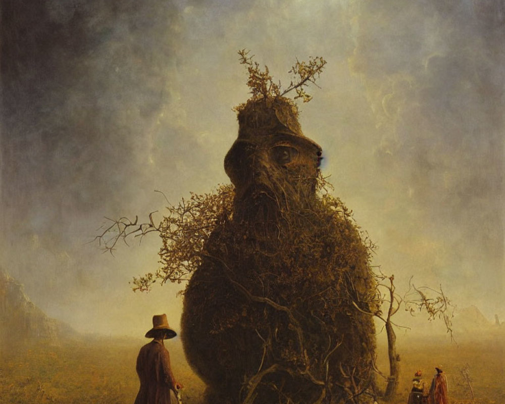 Giant anthropomorphic tree with face, person with hat, and barren landscape scene