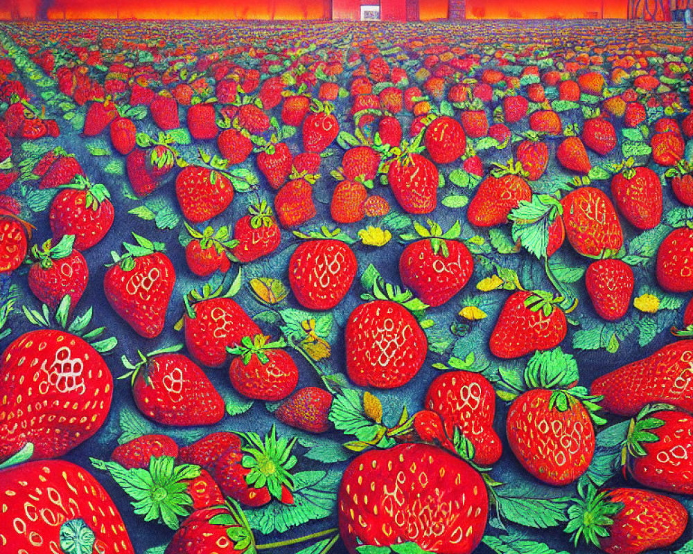 Red Strawberry Field Near Factories Under Orange Sky