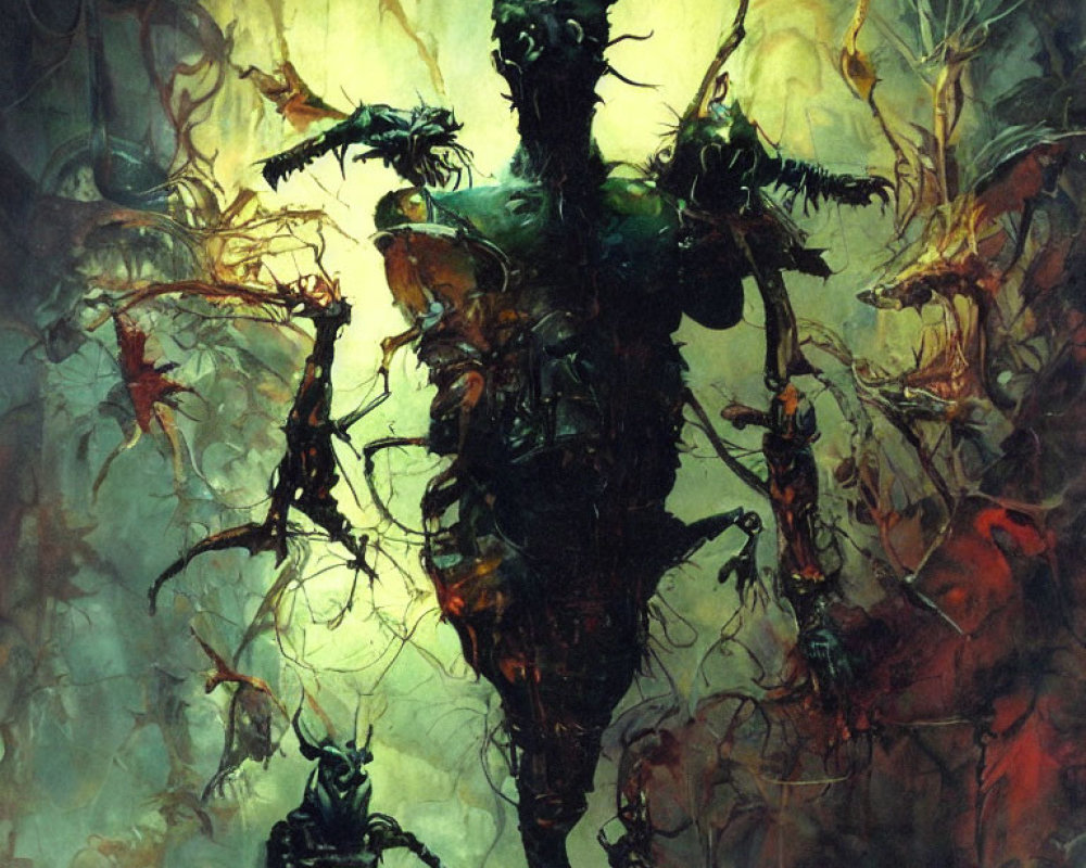 Dark fantasy painting: Horned figure with twisted creatures in murky green ambiance