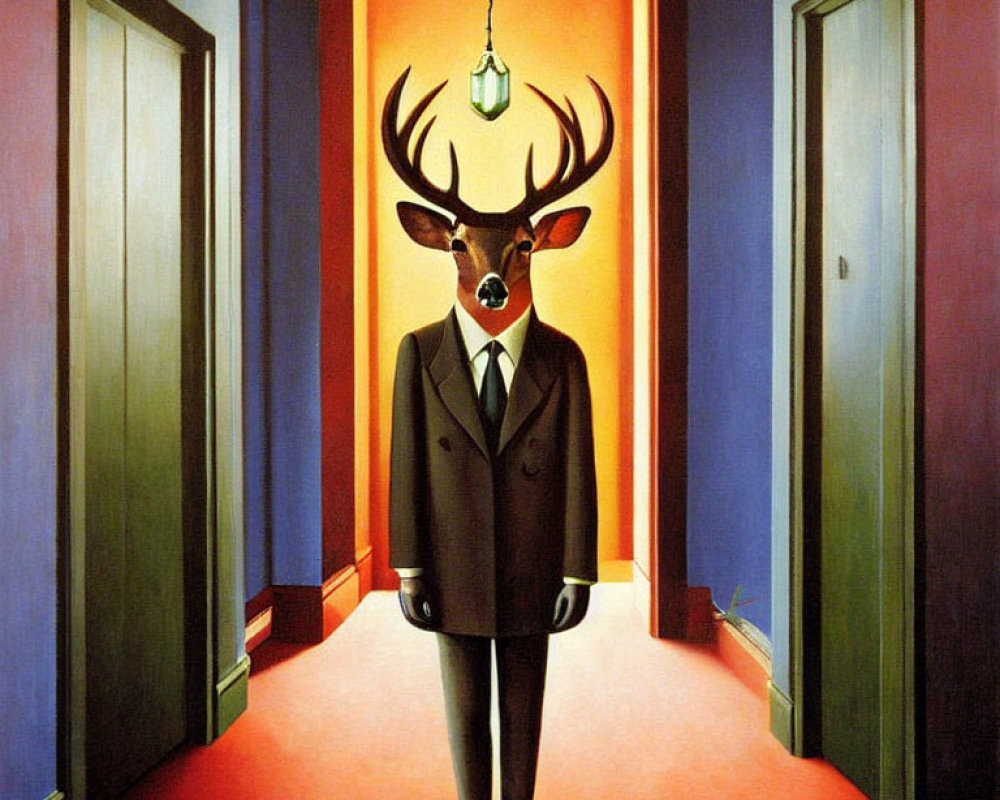 Surreal painting of deer in suit in vibrant hallway