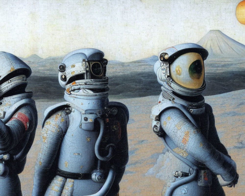 Three Astronauts on Barren Landscape with Orange Planet/Moon