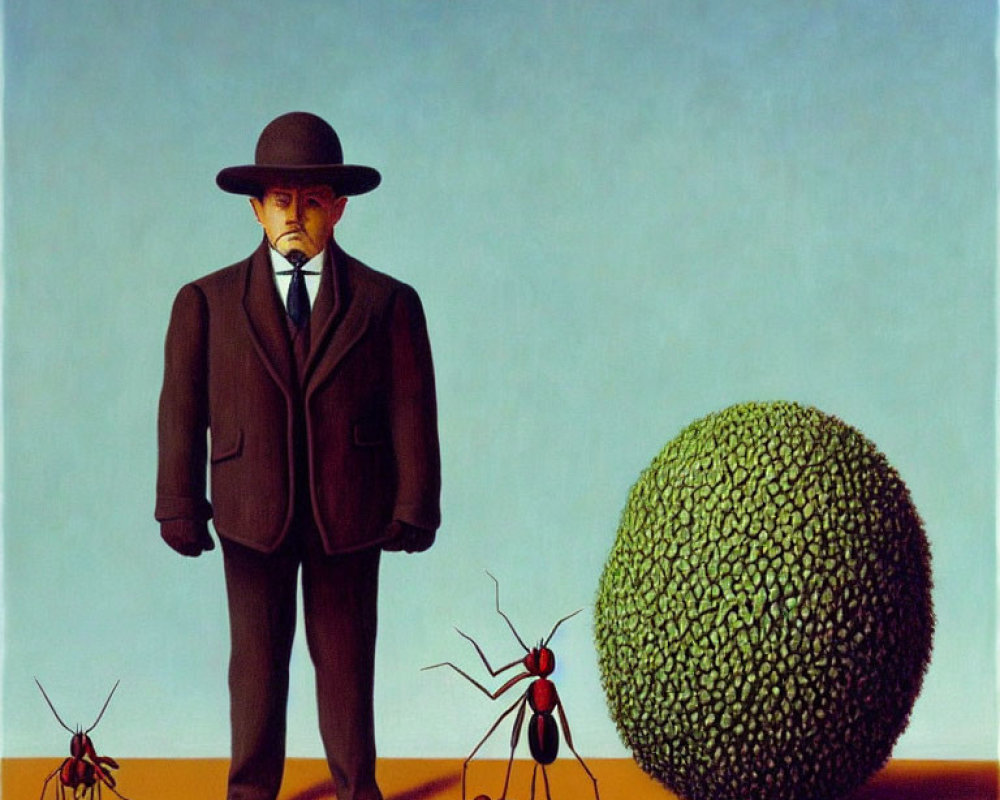 Surrealist painting with man in suit, ants, and green sphere on blue sky.