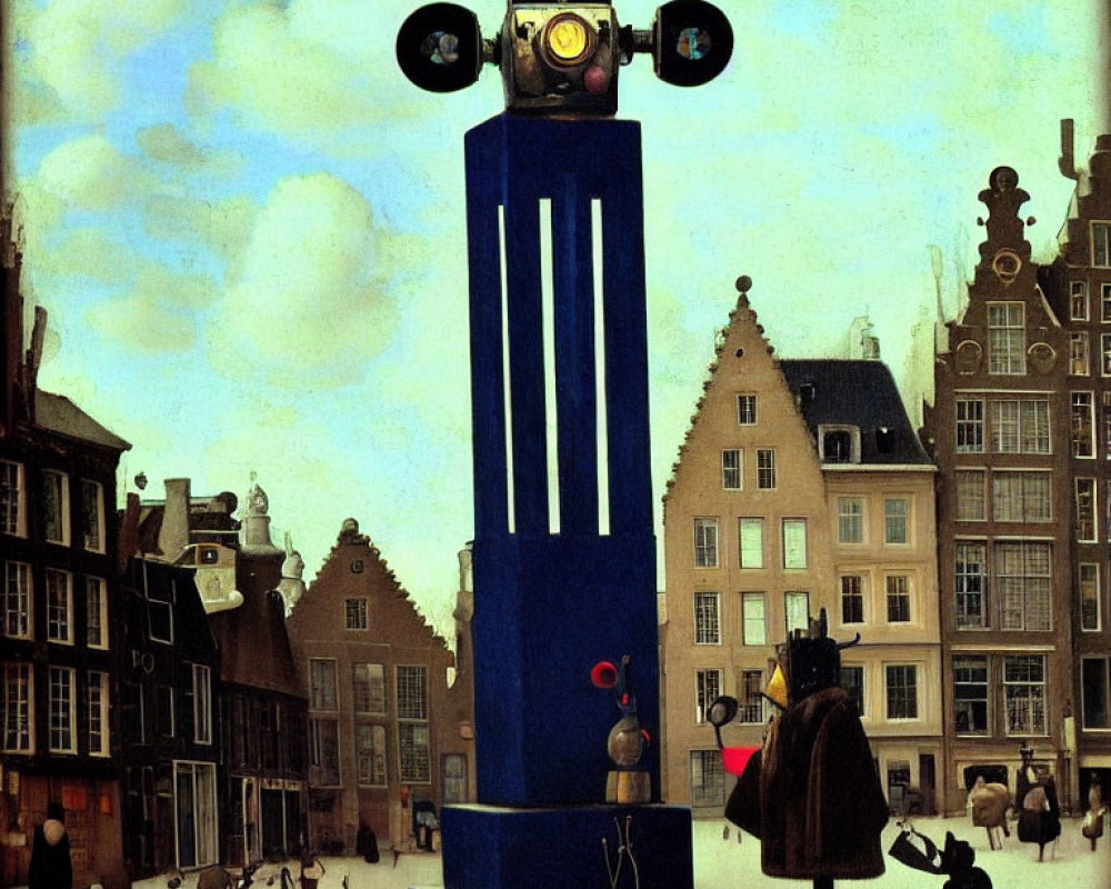 Surreal painting of robotic structure in European town square