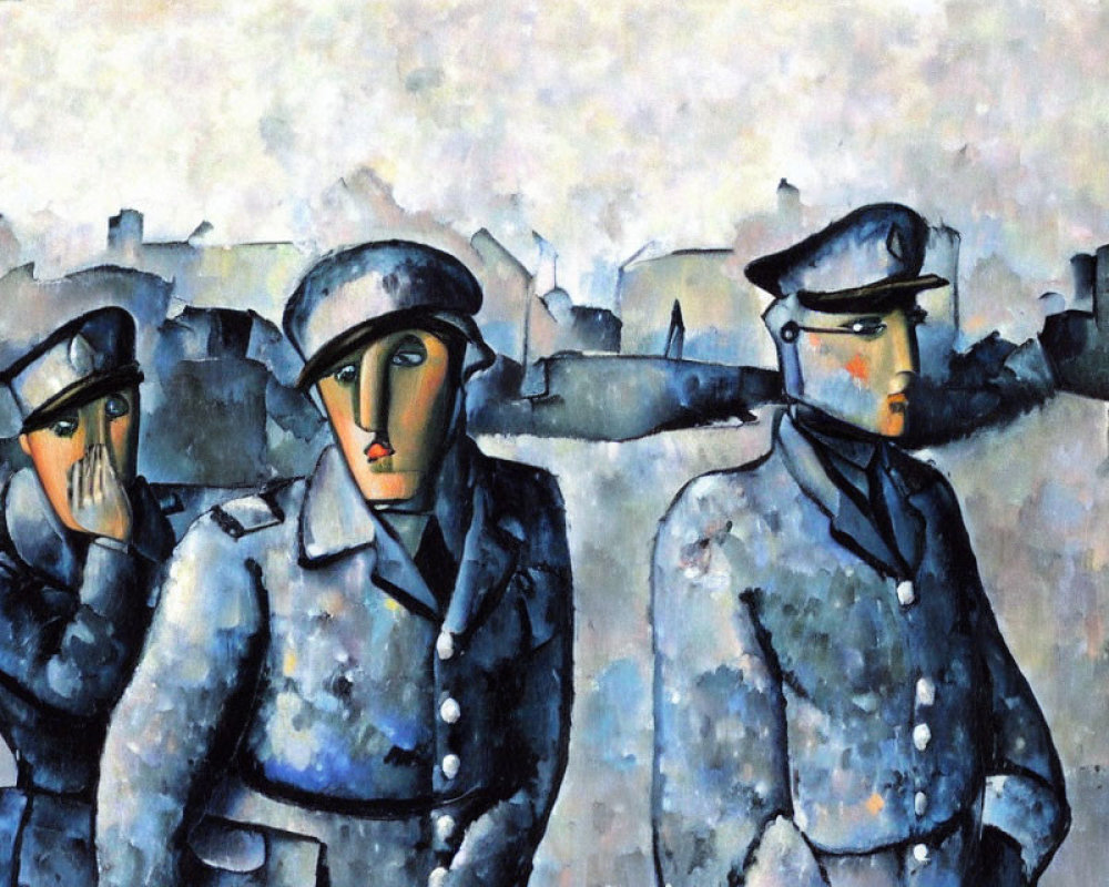 Abstract painting featuring three figures in blue uniforms against a city backdrop.