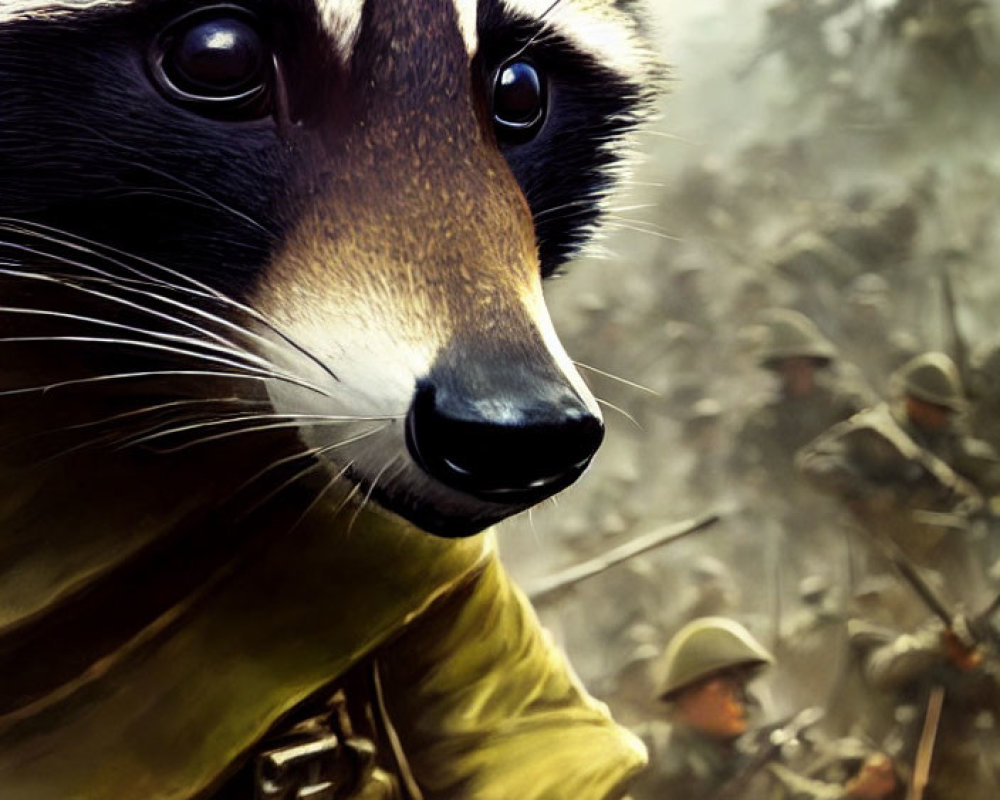 Close-up of raccoon's face with illustrated soldiers in combat backdrop