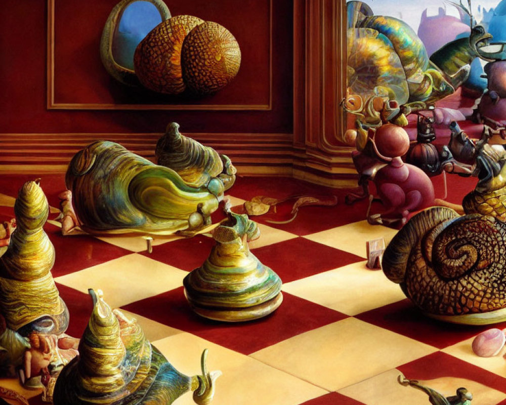 Surreal painting featuring diverse snails with ornate shells in a checkered-floored room