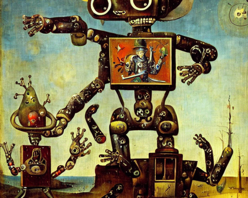 Multifaceted robot painting with knight and floating figure under surreal sky