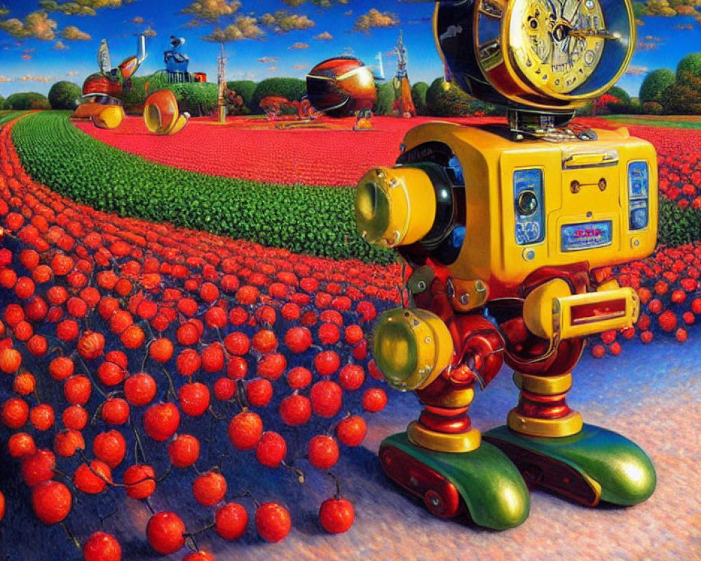 Colorful Vintage Camera Robot in Surreal Landscape with Red Spheres