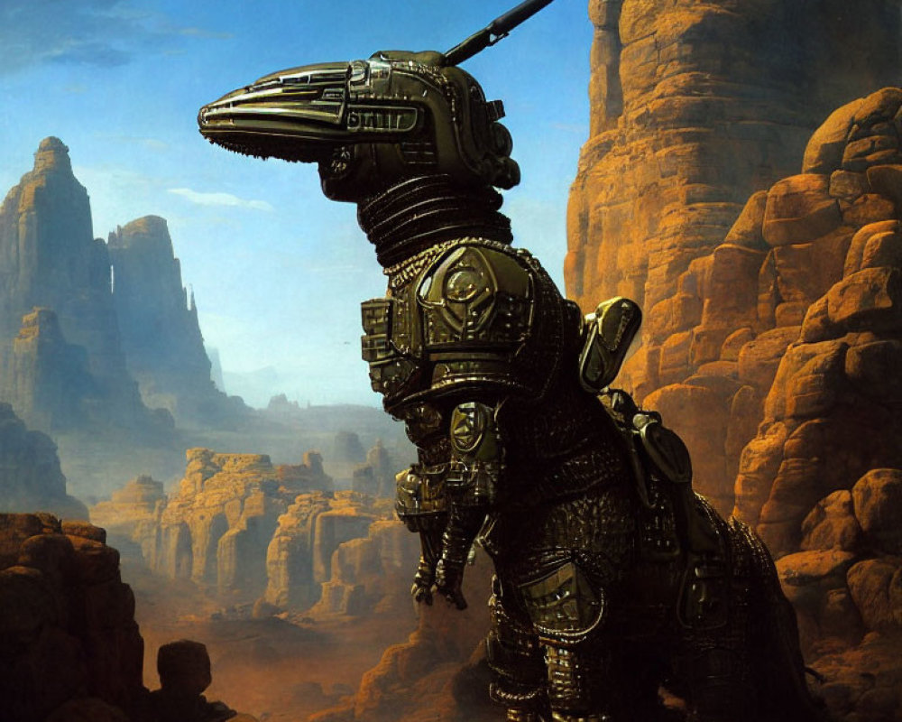 Armored dinosaur robot in rocky desert landscape