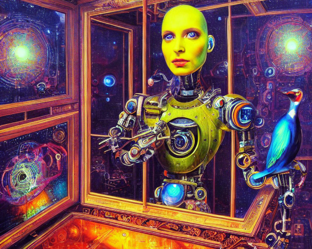 Colorful futuristic humanoid robot with yellow head and intricate body beside blue bird on geometric background