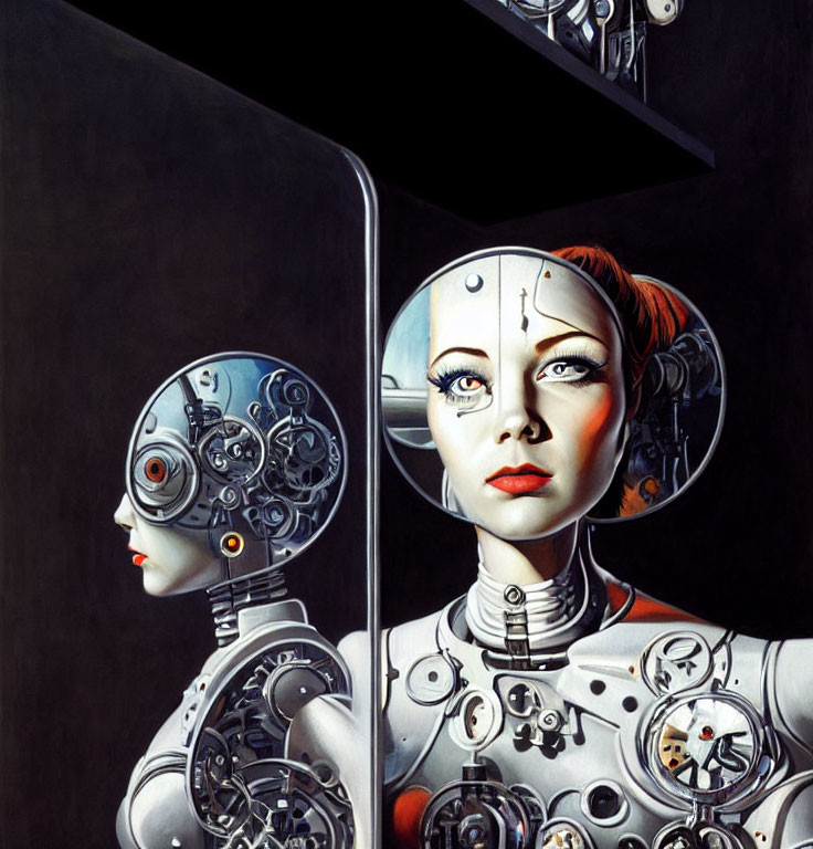 Artwork featuring two robot figures divided by reflective surface