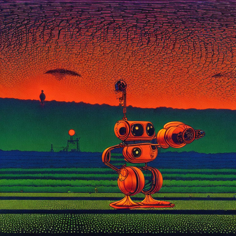 Retro-futuristic orange robot on green landscape with red sky and flying objects.