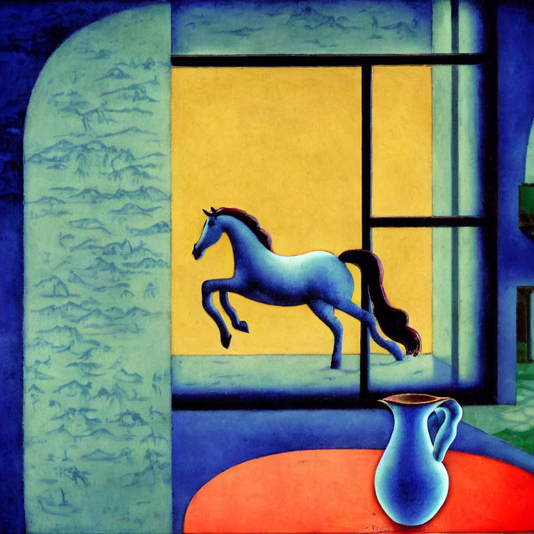 Surreal painting of blue horse jumping over window, blue skies, clouds, and jug