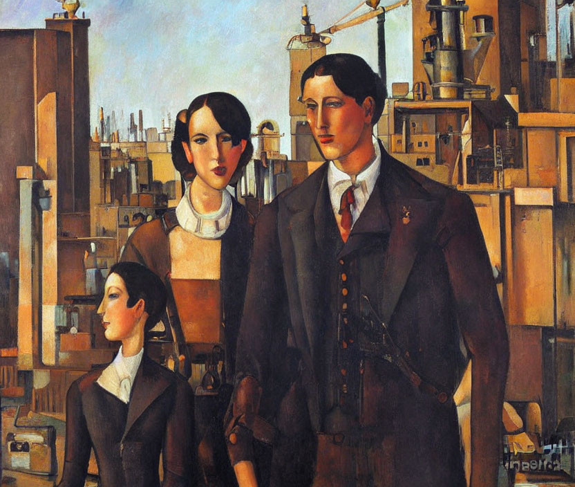 Three people with stoic expressions in front of industrial cityscape