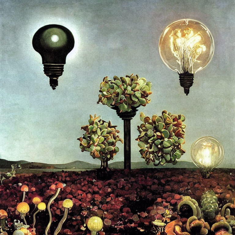 Unique surreal landscape with light bulb trees and glowing plants at dusk