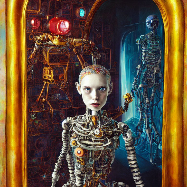 Intricate humanoid robot with human-like face near golden portal and skeletal robot.