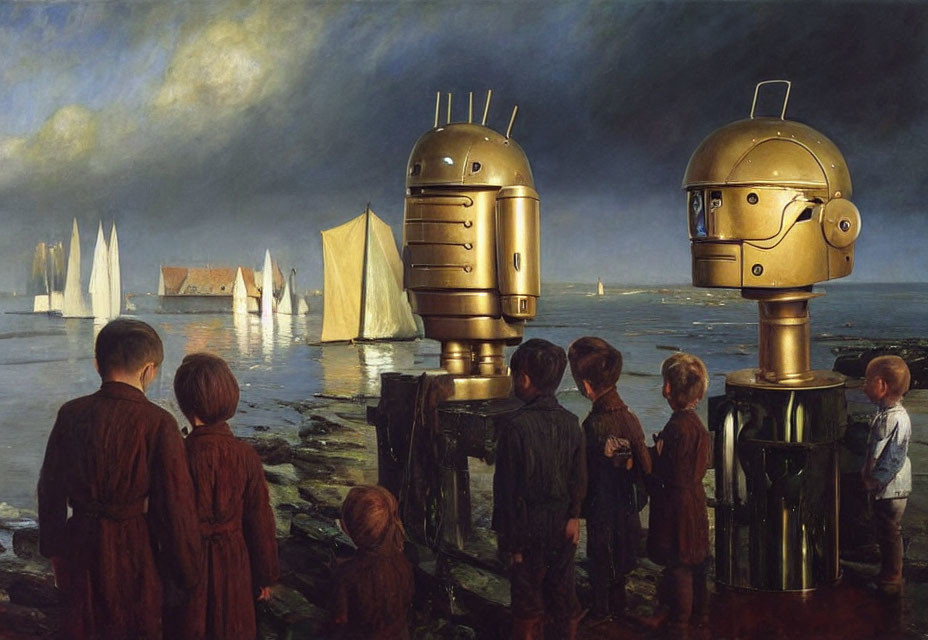 Two retro-styled robots at seaside with sailboats and cloudy sky