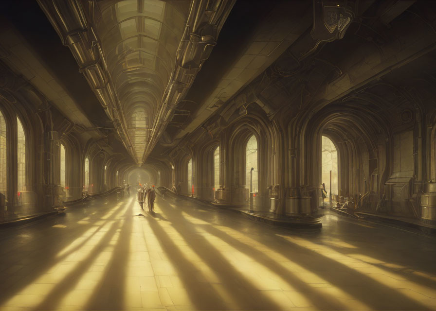 Sunlight streams through tall arched windows in a futuristic corridor with figures walking