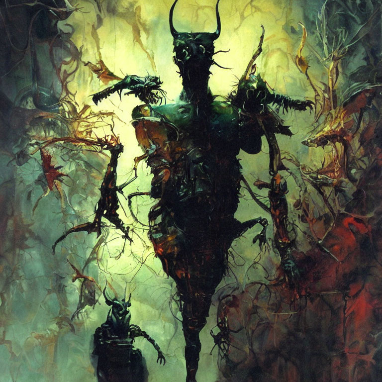 Dark fantasy painting: Horned figure with twisted creatures in murky green ambiance