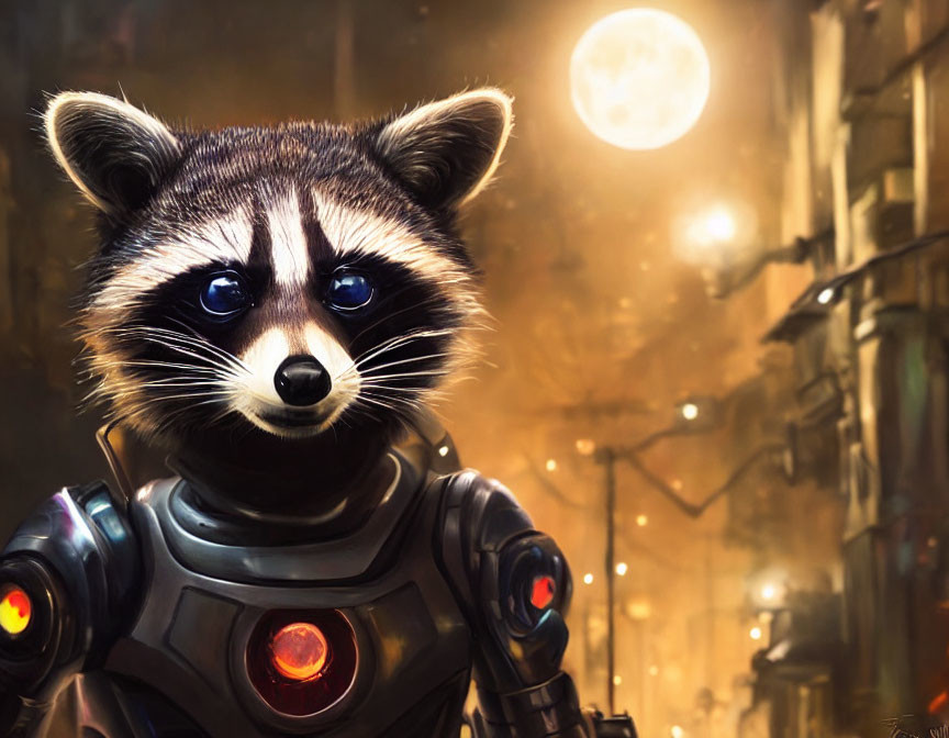 Anthropomorphic raccoon in futuristic space suit with cityscape and large moon.