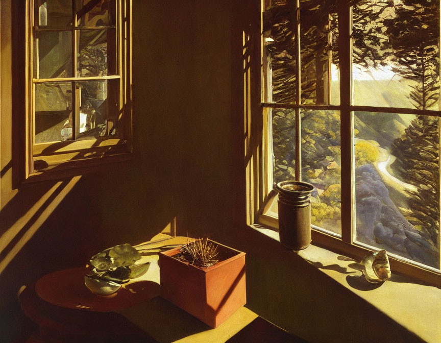 Bright interior with open window, plants, shadows, and pine tree view