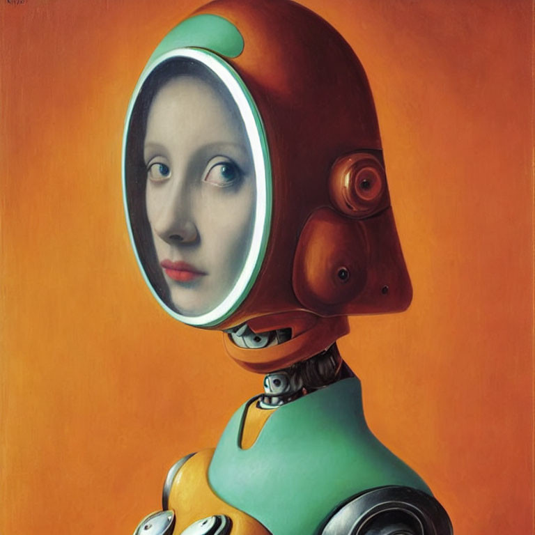 Surreal painting of female face in robot helmet against orange backdrop