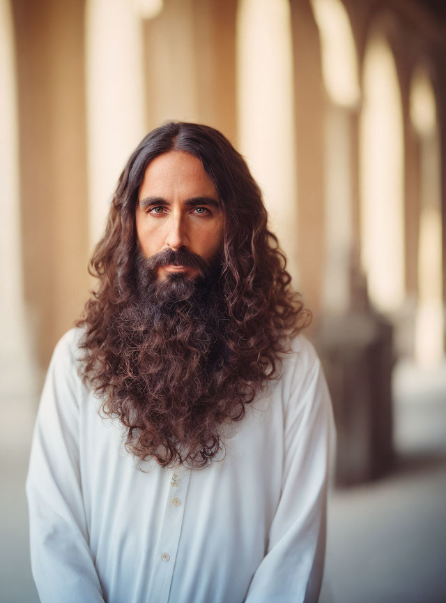 Bearded man in white shirt in softly lit arched corridor