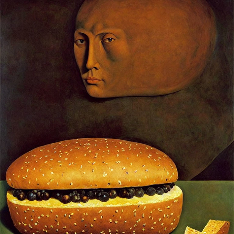 Surreal painting of oversized burger with human face and fries on dark background