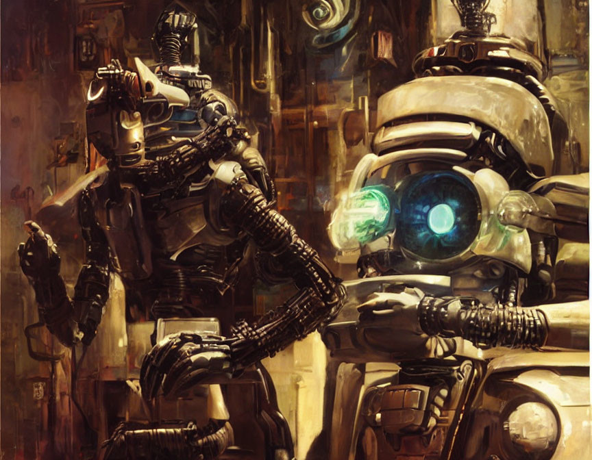 Detailed Illustration: Humanoid and Bulky Robots in Mechanical Setting