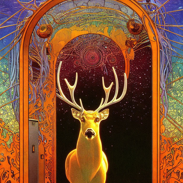 Illustrated glowing antlered stag under cosmos-inspired canopy