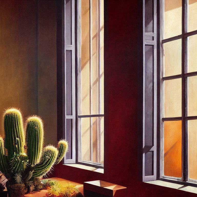 Sunlit room with cactus plant and shadows on wall