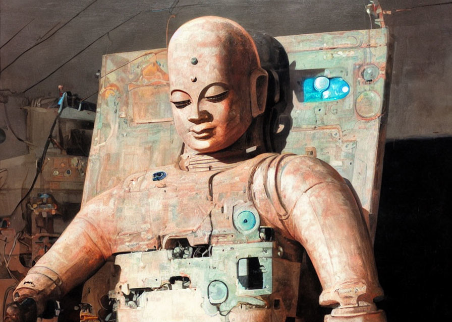 Large humanoid robot with serene face, partially disassembled.