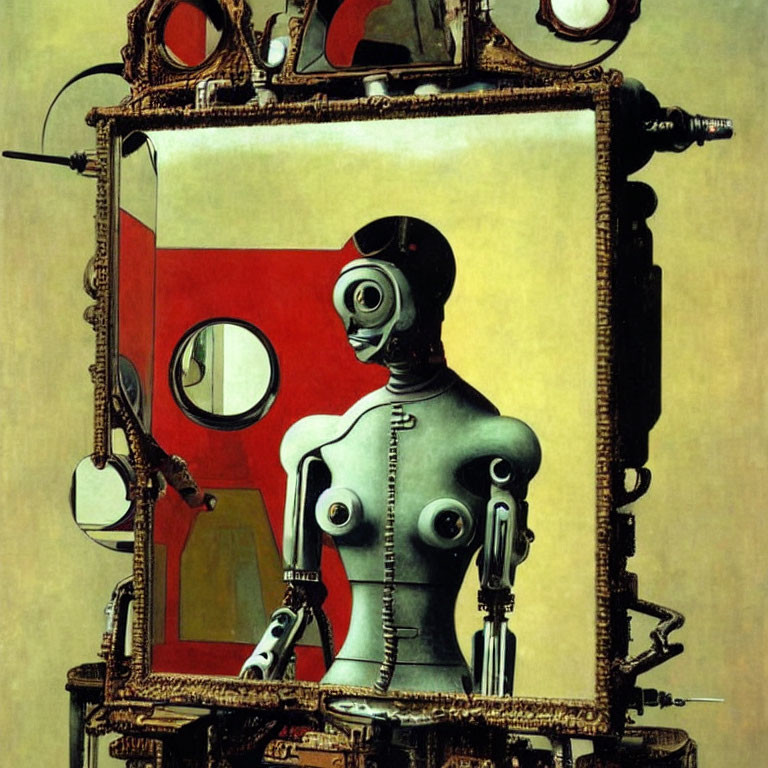 Surrealistic painting: robot figure in mirror with abstract background