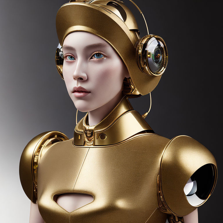 Golden female robot with intricate headgear and visor-like eye