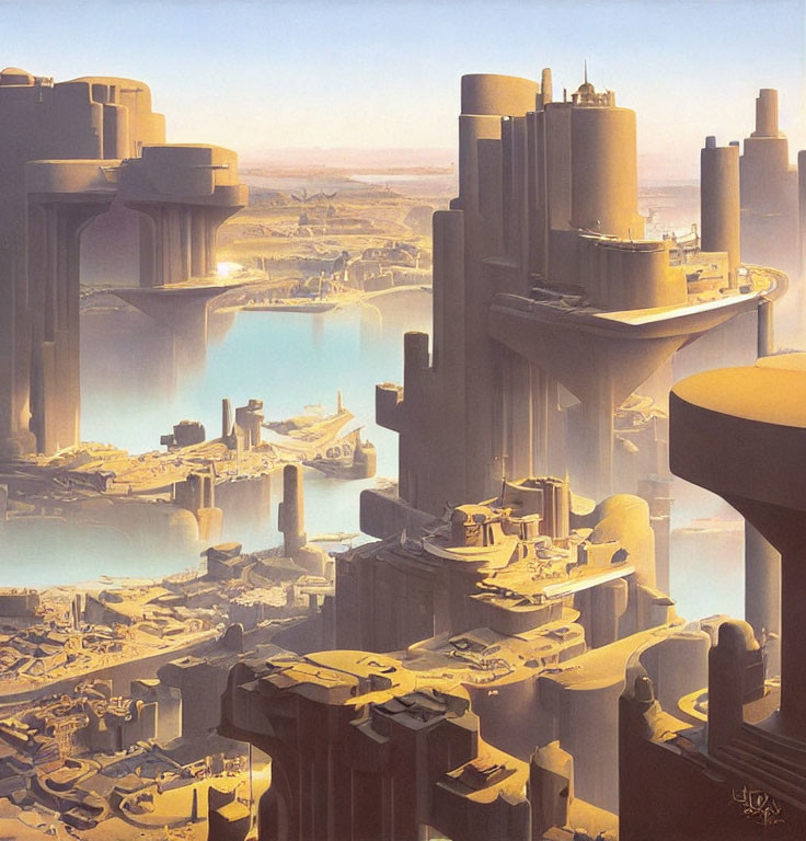 Futuristic cityscape with towering structures and waterways under a hazy sky