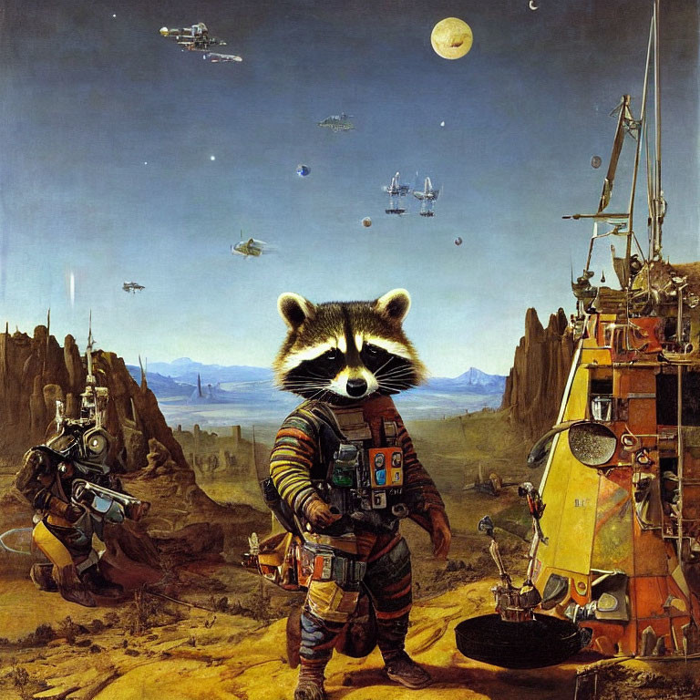 Surreal Renaissance-style painting with sci-fi raccoon astronaut and futuristic elements