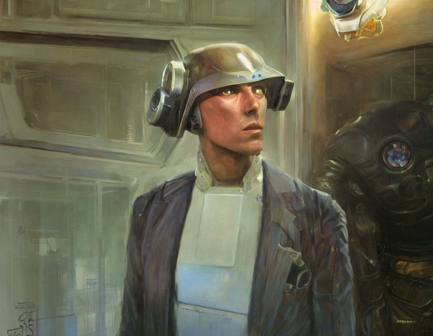 Digital illustration of man in futuristic helmet with robotic figure in high-tech setting