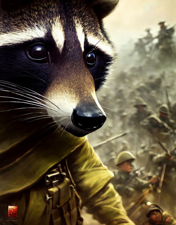 Close-up of raccoon's face with illustrated soldiers in combat backdrop