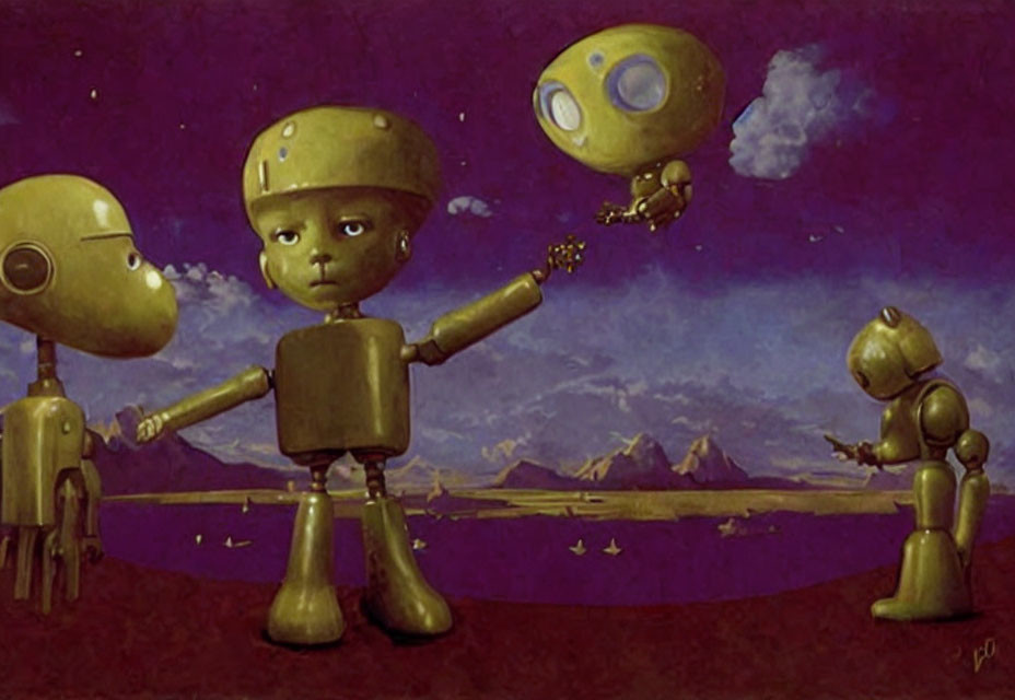 Whimsical cartoon-style robots in surreal purple landscape