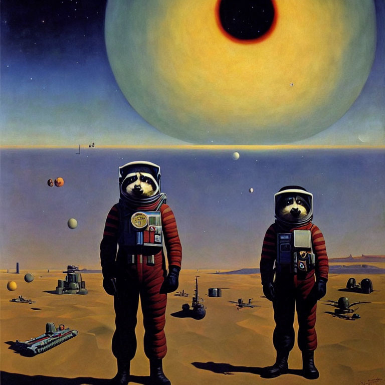 Astronauts in red suits on alien landscape with yellow planet and eclipse.