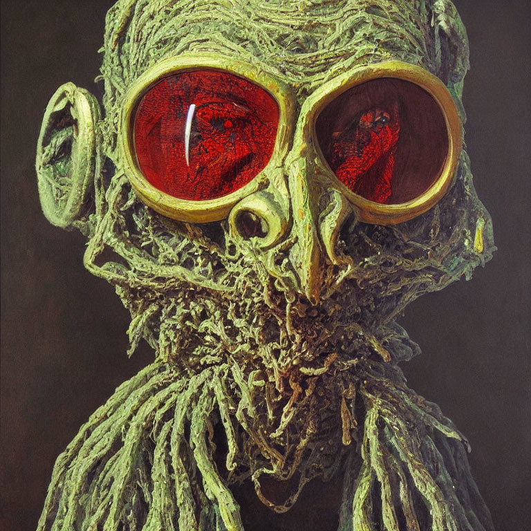 Detailed Green Creature with Red Eyes and Glasses in Artistic Rendering