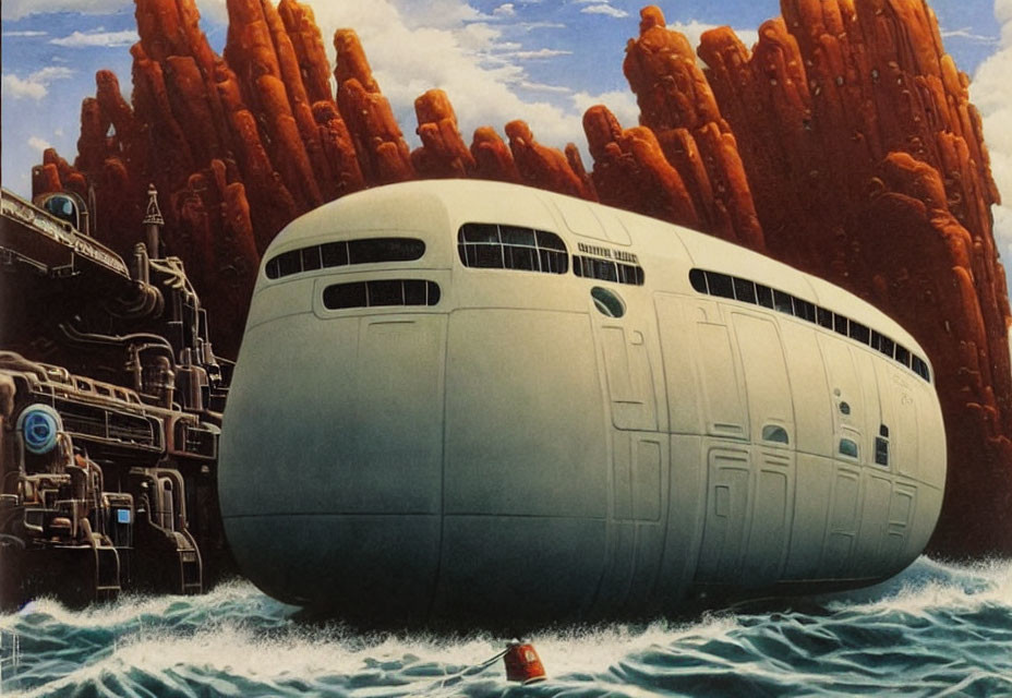 Capsized futuristic ocean liner near rocky cliffs with industrial structures and buoy.