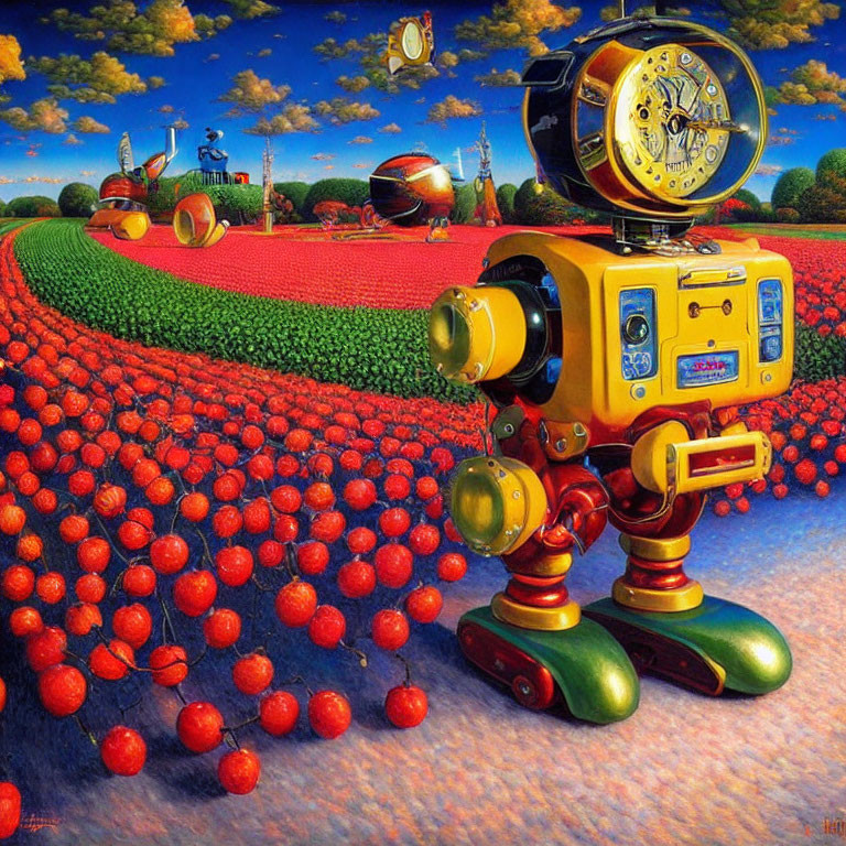 Colorful Vintage Camera Robot in Surreal Landscape with Red Spheres