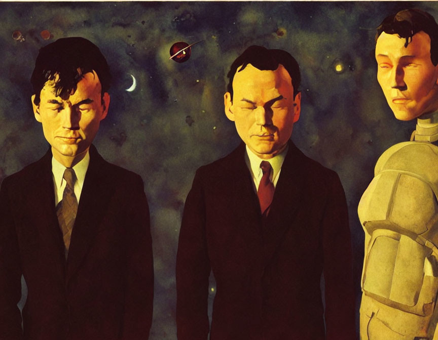 Stylized figures in suits against space backdrop