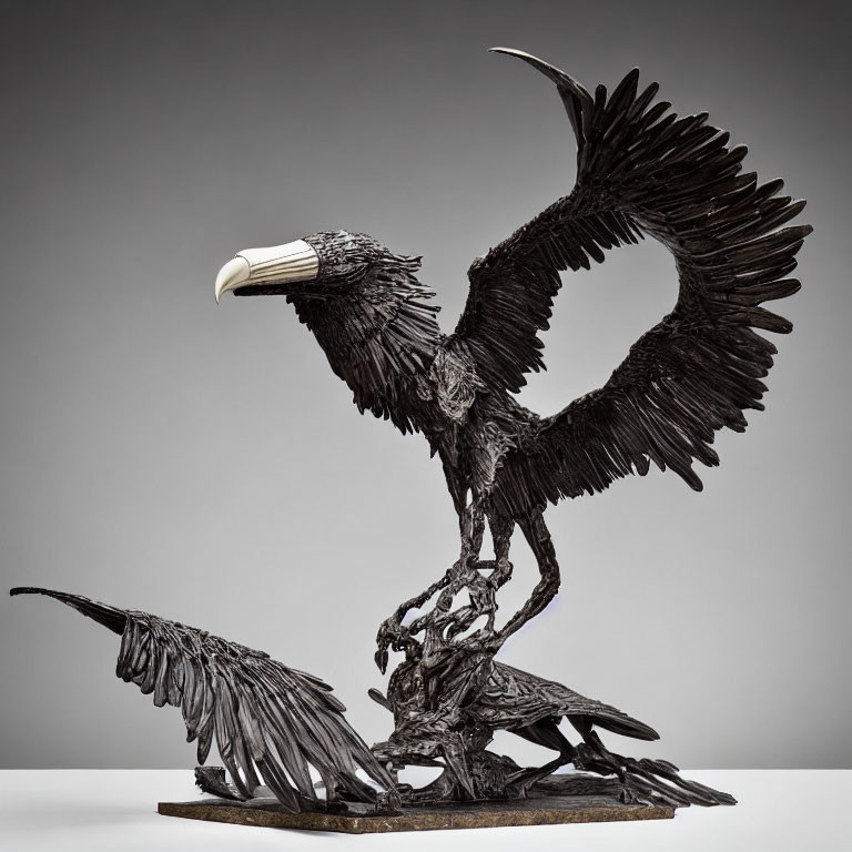 Majestic eagle sculpture with open wings and white-tipped beak on branch