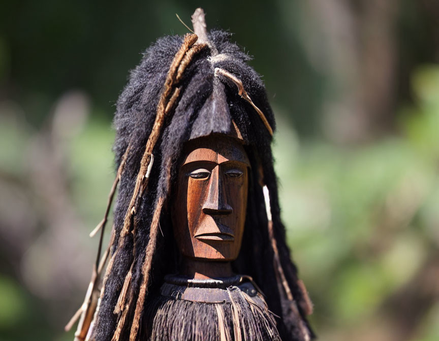 Traditional wooden carving of stern figure in detailed headdress on green background