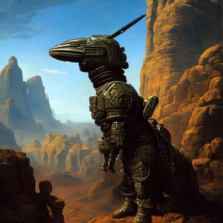 Armored dinosaur robot in rocky desert landscape