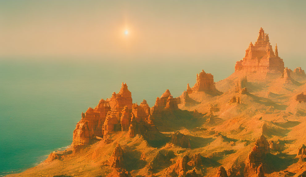 Majestic rock formations illuminated by golden sunlight near a tranquil sea