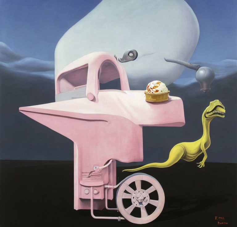 Surrealistic painting: Pink car sink, dessert, floating sphere, and dinosaur under blue sky