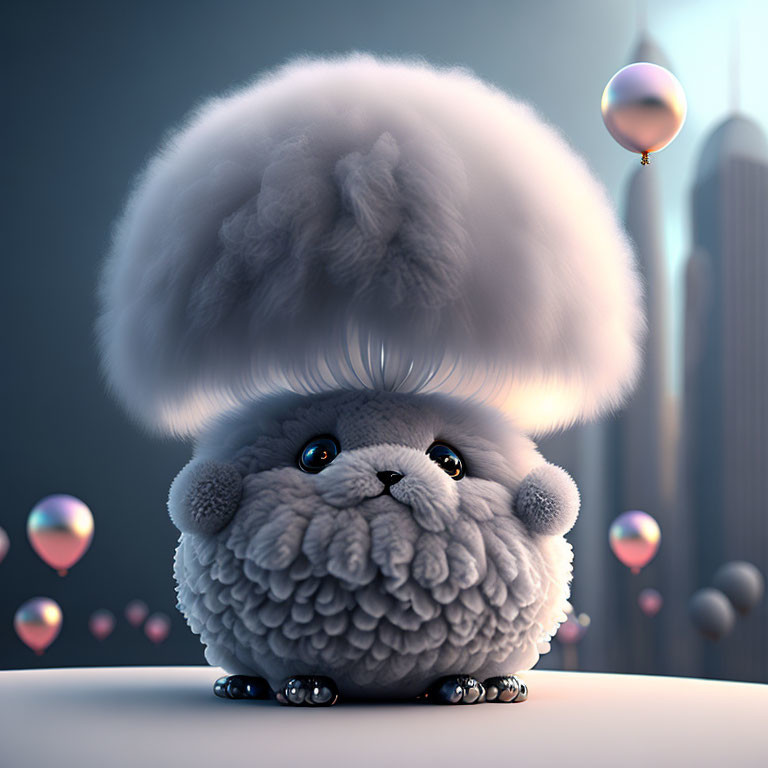 Fluffy creature with expressive eyes in whimsical cityscape